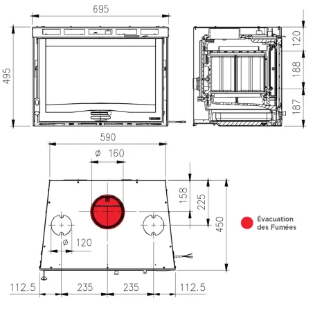 Insert à bois ventilé La Nordica Inserto 70 H49 4.0 Ventilato Puissance 6.7kW Sortie Fumée Supérieure