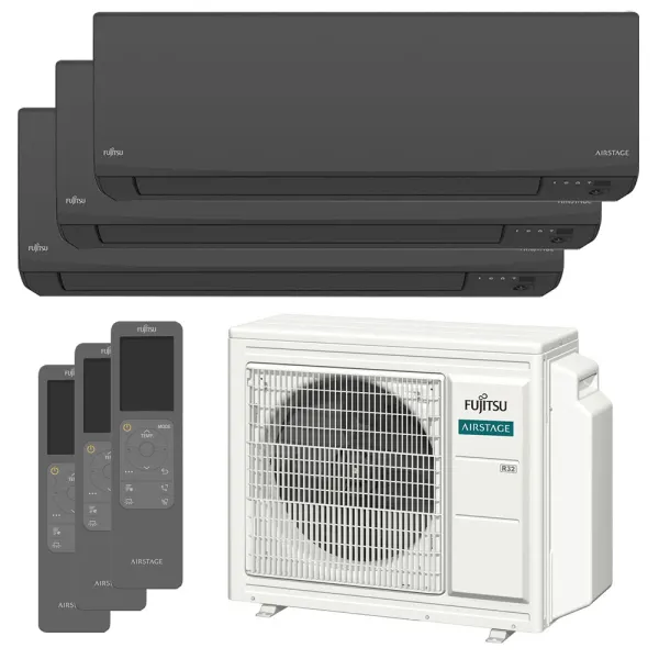 Tri split FUJITSU mural KJ Noir AOEG24KBCA3 6.8kW tailles 20 + 25 + 35 ASEH07KJCALB + ASEH09KJCALB + ASEH12KJCALB
