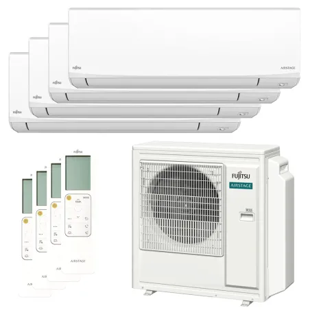 Quadri split FUJITSU Mural KJ Blanc AOEG30KBTA4 8kW tailles 20 + 25 + 25 + 35 WiFi ASEH07KJCAL + ASEH09KJCAL (x2) + ASEH12KJCAL
