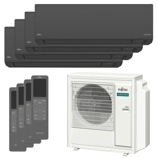 Quadri split FUJITSU Mural KJ Noir AOEG30KBTA4 8kW tailles 20 + 25 + 25 + 42 ASEH07KJCALB + ASEH09KJCALB (x2) + ASEH14KJCALB