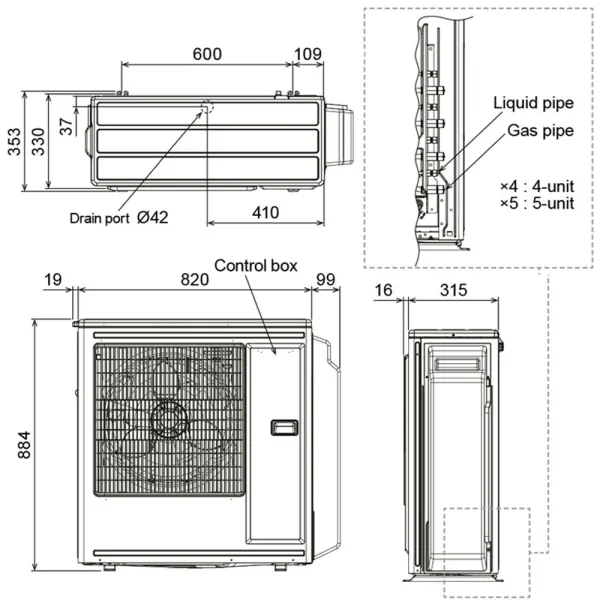 Penta split FUJITSU Mural KJ Blanc AOEG36KBTA5 9.5kW tailles 20 + 25 + 25 + 25 + 35 ASEH07KJCAL + ASEH09KJCAL (x3) + ASEH12KJCAL
