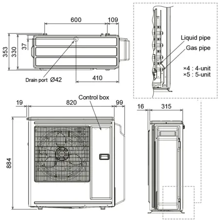 Penta split FUJITSU Mural KJ Blanc AOEG36KBTA5 9.5kW tailles 20 + 25 + 25 + 25 + 42 ASEH07KJCAL + ASEH09KJCAL (x3) + ASEH14KJCAL