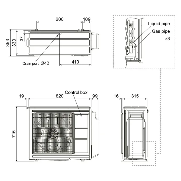 Groupe Extérieur GENERAL AOHG24KBTA3 Multi-split 6.8kW 3 sorties Inverter Gaz R32