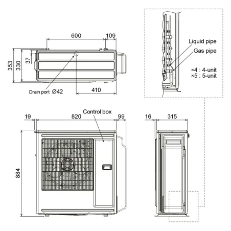 Groupe Extérieur GENERAL AOHG36KBTA5 Multi-split 9.5kW 5 sorties Inverter Gaz R32