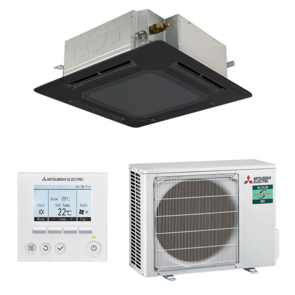 Climatiseur MITSUBISHI cassette 900x900 3.6kW PLA-M35EA2 + PUZ-ZM35VKA2 Monosplit PLA-M EA2 Façade Noire