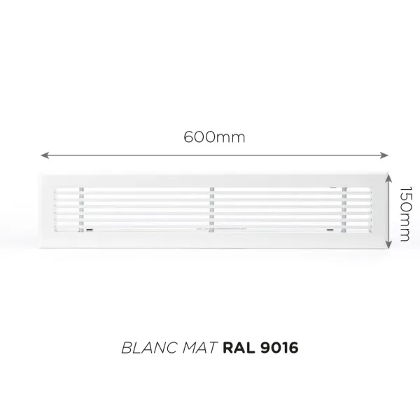 Grille de soufflage linéaire 600x150mm Couleur Blanc mat, Noire ou Anthracite