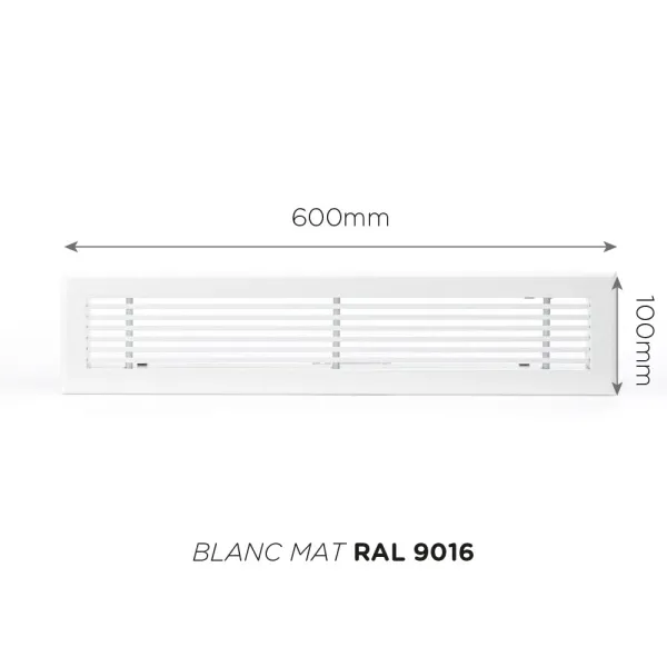 Grille de soufflage linéaire 600x100mm Couleur Blanc mat, Noire ou Anthracite