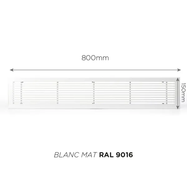 Grille de soufflage linéaire 800x150mm Couleur Blanc mat, Noire ou Anthracite