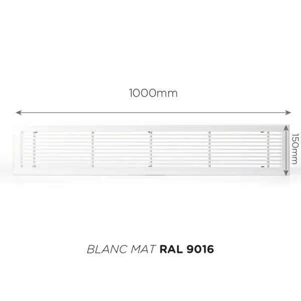 Grille de soufflage linéaire 1000x150mm Couleur Blanc mat, Noire ou Anthracite