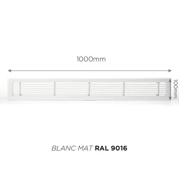 Grille de soufflage linéaire 1000x100mm Couleur Blanc mat, Noire ou Anthracite