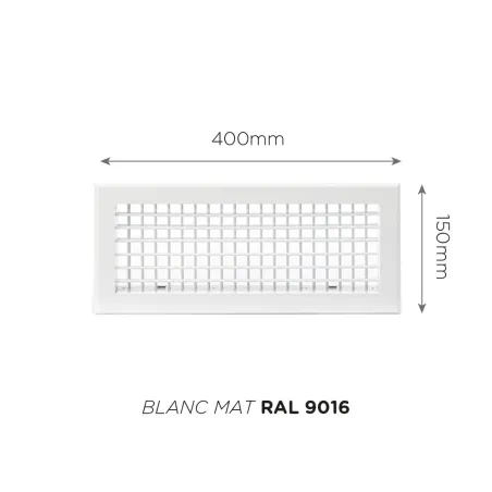 Grille de soufflage double déflexion 400x150mm Couleur Blanc mat, Noire ou Anthracite