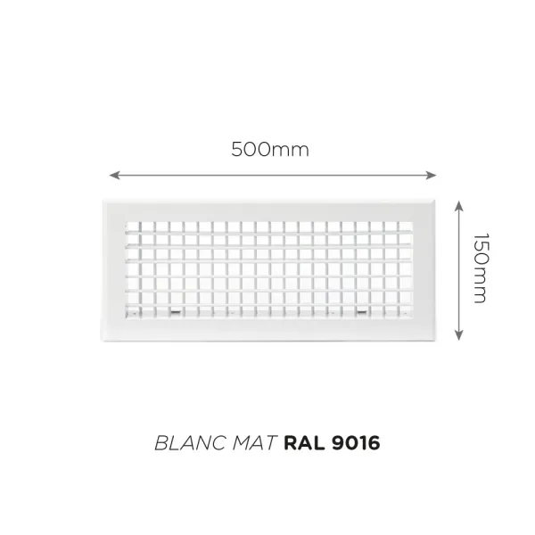 Grille de soufflage double déflexion 500x150mm Couleur Blanc mat, Noire ou Anthracite