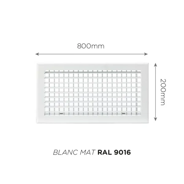 Grille de soufflage double déflexion 800x200mm Couleur Blanc mat, Noire ou Anthracite