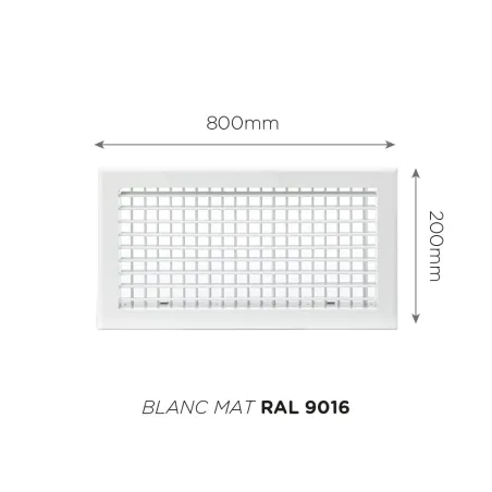 Grille de soufflage double déflexion 800x200mm Couleur Blanc mat, Noire ou Anthracite