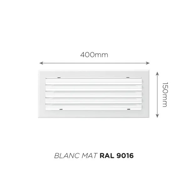 Grille de soufflage lames courbes 400x150mm Couleur Blanc mat, Noire ou Anthracite