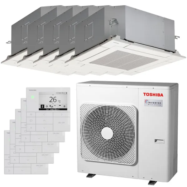 Penta split Toshiba cassette RAS-5M34G3AVG-E 10kW Tailles 25 + 25 + 25 + 25 + 25 RAS-M10S4MUVG-E (x5) avec commande RBC-AMSU52-E