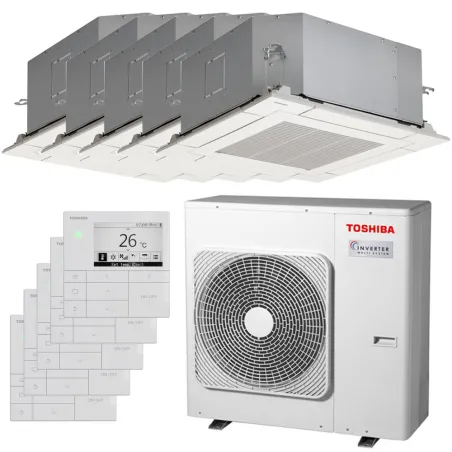 Penta split Toshiba cassette RAS-5M34G3AVG-E 10kW Tailles 25 + 25 + 25 + 25 + 25 RAS-M10S4MUVG-E (x5) avec commande RBC-AMSU52-E