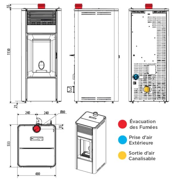 Poêle à granulés canalisable MCZ Teia Comfort Air SmartClean10 UP Puissance 10kW Sortie Fumée Supérieure