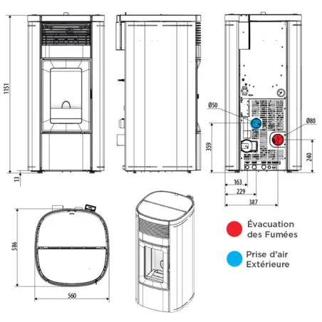 Poêle à granulés étanche MCZ Musa Hydro Matic 24 R Puissance 24kW Sortie Fumée Postérieure