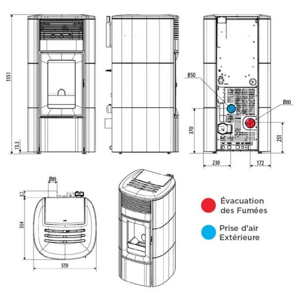 Poêle à granulés étanche MCZ Club Hydro Matic 18 R Puissance 17.7kW Sortie Fumée Postérieure