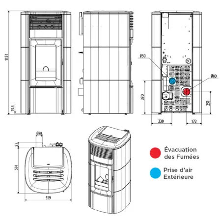 Poêle à granulés étanche MCZ Club Hydro Matic 24 R Puissance 24kW Sortie Fumée Postérieure