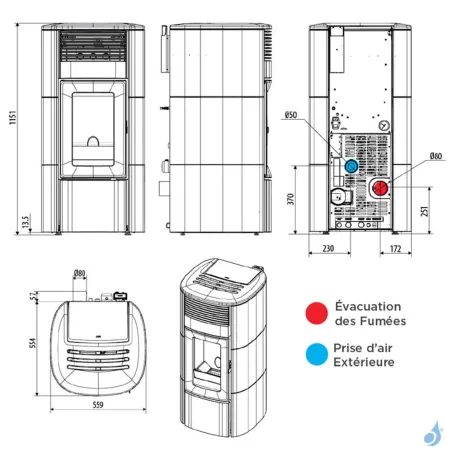 Poêle à granulés étanche MCZ Suite Hydro Matic 18 R Puissance 18kW Sortie Fumée Postérieure