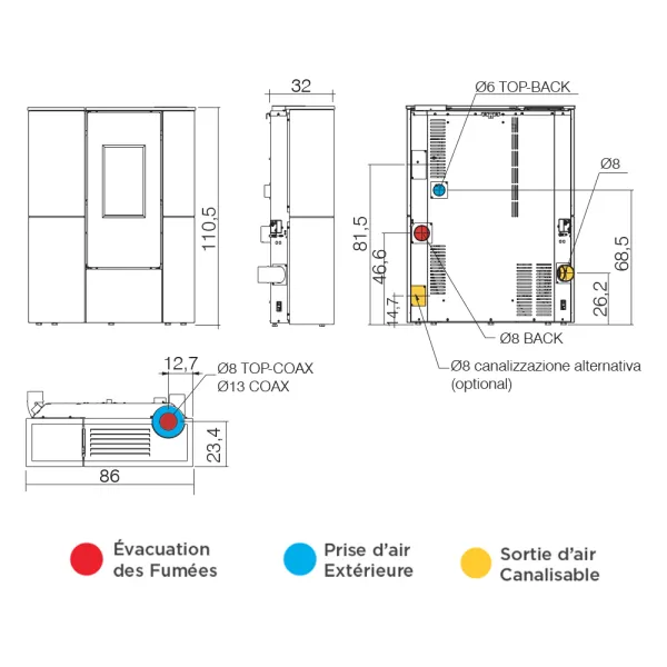 Poêle à granulés canalisable Edilkamin Tratto 9+ Coax Puissance 9kW Sortie Fumée Supérieure Ø8 cm
