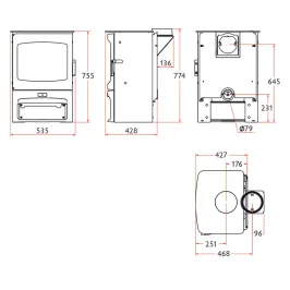 Poêle à bois Charnwood Aire 7 avec porte bûche Puissance 7kW Sortie Fumée Postérieure ou Supérieure 2