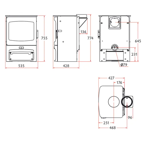 Poêle à bois Charnwood Aire 7 avec porte bûche Puissance 7kW Sortie Fumée Postérieure ou Supérieure