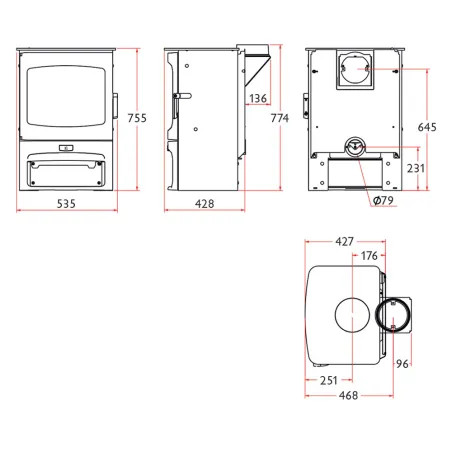 Poêle à bois Charnwood Aire 7 avec porte bûche Puissance 7kW Sortie Fumée Postérieure ou Supérieure