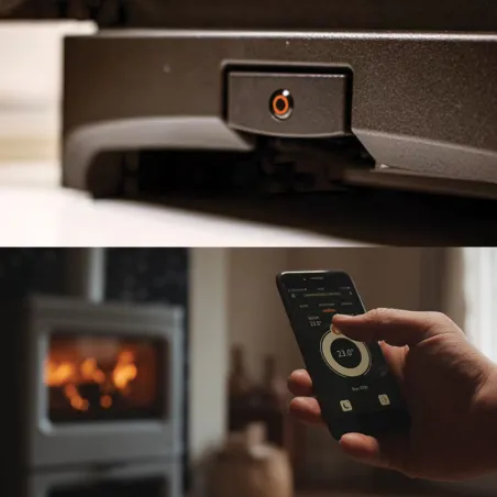 Poêle à bois Charnwood Aire E-500 avec porte bûche Puissance 5kW Sortie Fumée Postérieure ou Supérieure