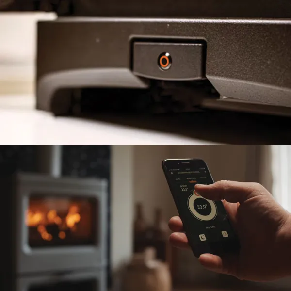 Poêle à bois Charnwood Aire E-700 avec porte bûche Puissance 7kW Sortie Fumée Postérieure ou Supérieure